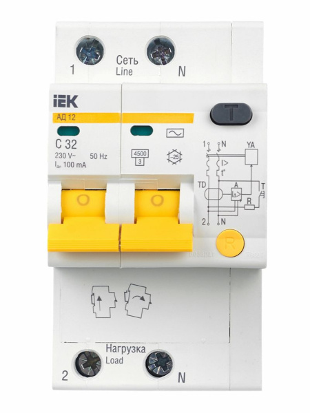 Дифавтомат 2Р 32А C 100мА 4,5кА АД12 3мод IEK